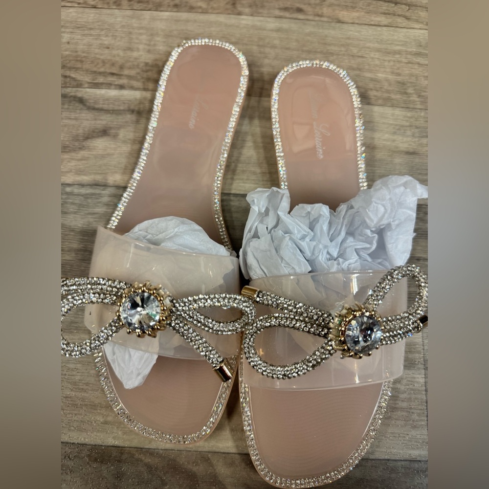 Lauren Lorraine Blush Clear Flat Sandals Crystal Bow Size 8.5 MSRP $150 NIB‎